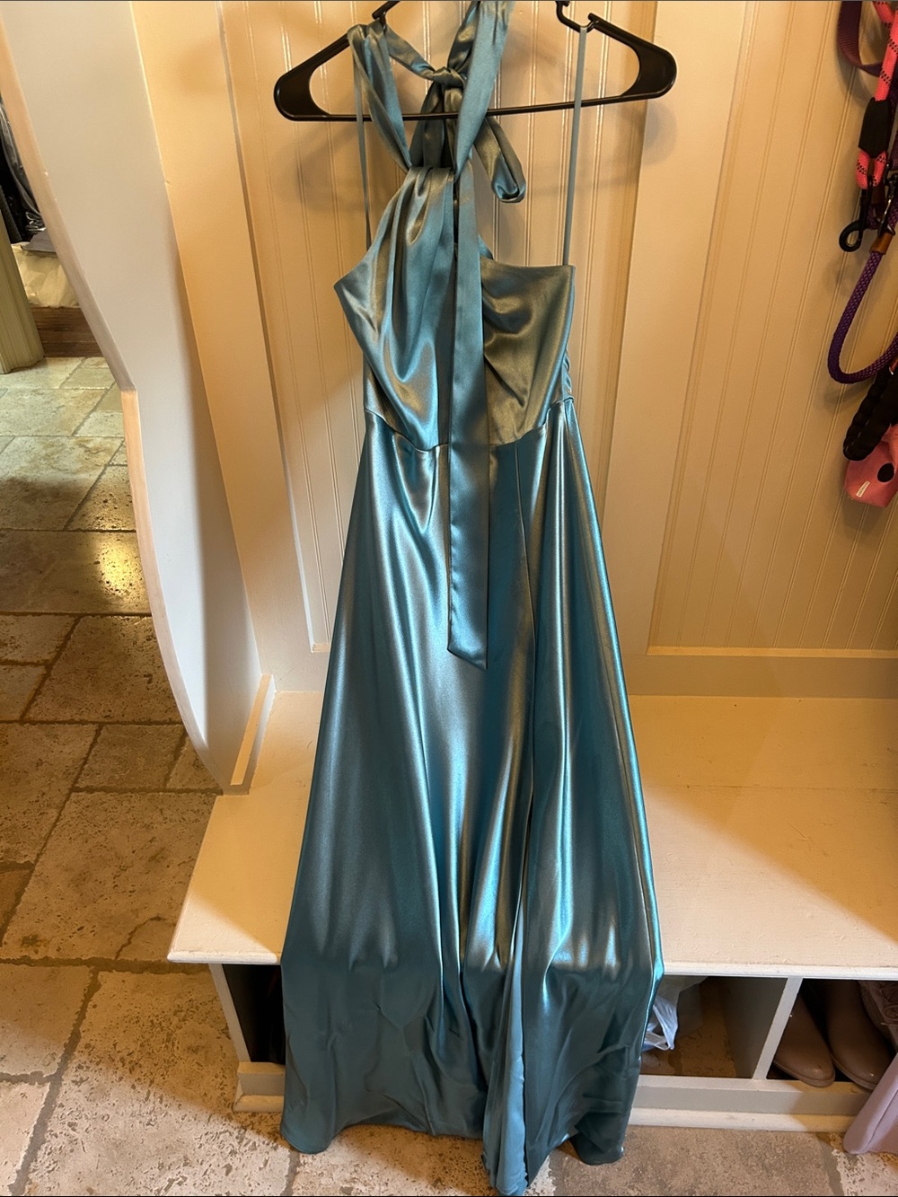 Satin Halter Neck Evening Gown in Sage Green - Picture 4 of 4